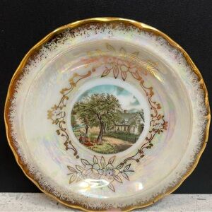 VINTAGE Small Iridescent Dish Gold Currier & Ives Autumn 4-3/4" D Norcrest Japan